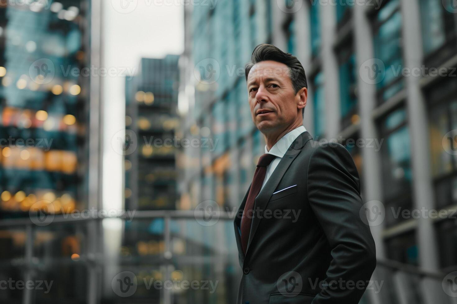 AI generated Elegant businessman in a suit standing confidently in front of a modern cityscape, looking toward the future photo