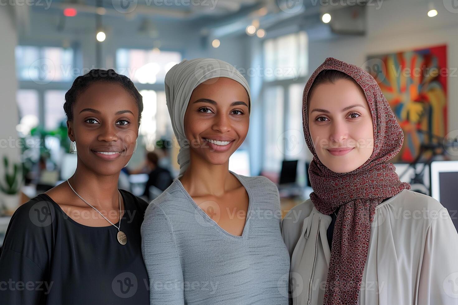 AI generated Three diverse women with different cultural backgrounds smiling together in a contemporary office. photo