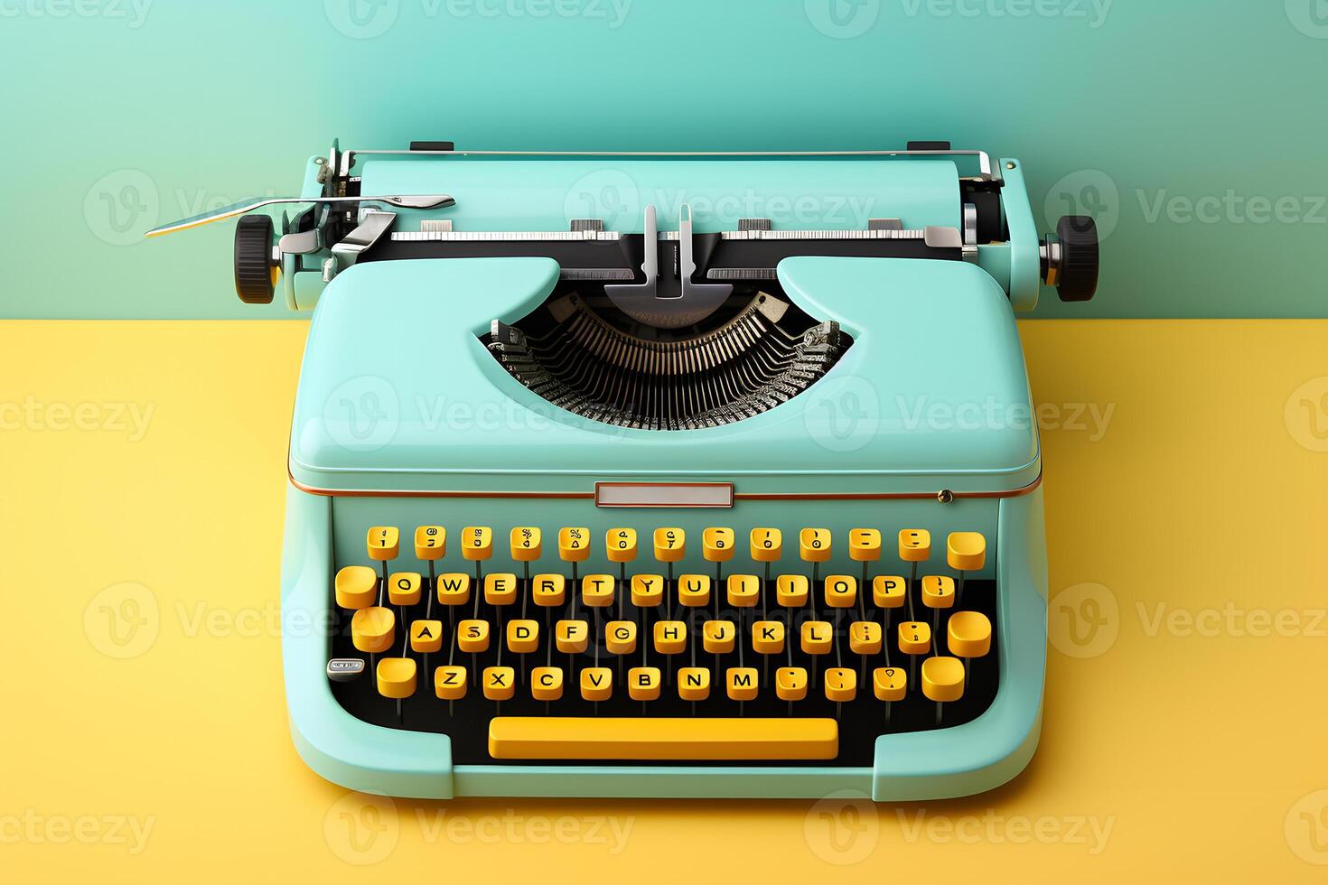 AI generated A vintage turquoise typewriter with yellow keys on a yellow background, evoking a nostalgic vibe photo