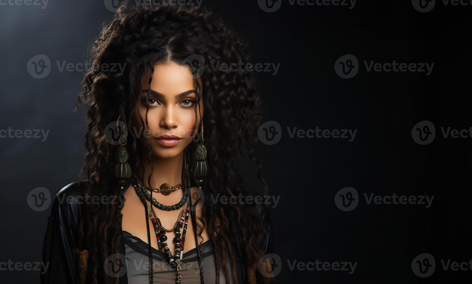 AI generated Stunning portrait of a woman with long, luxurious curly hair and a captivating gaze against a dark background photo