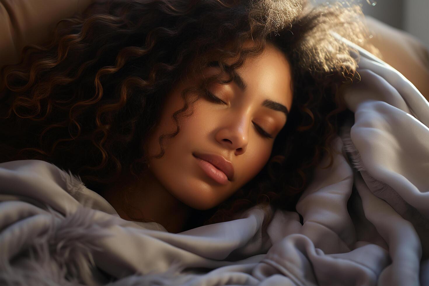 AI generated a young woman asleep, wrapped in soft bedding bathed in the gentle morning light photo
