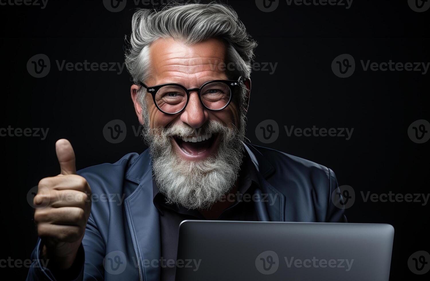 AI generated Cheerful elderly man with glasses giving a thumbs up in front of a laptop, showing satisfaction photo
