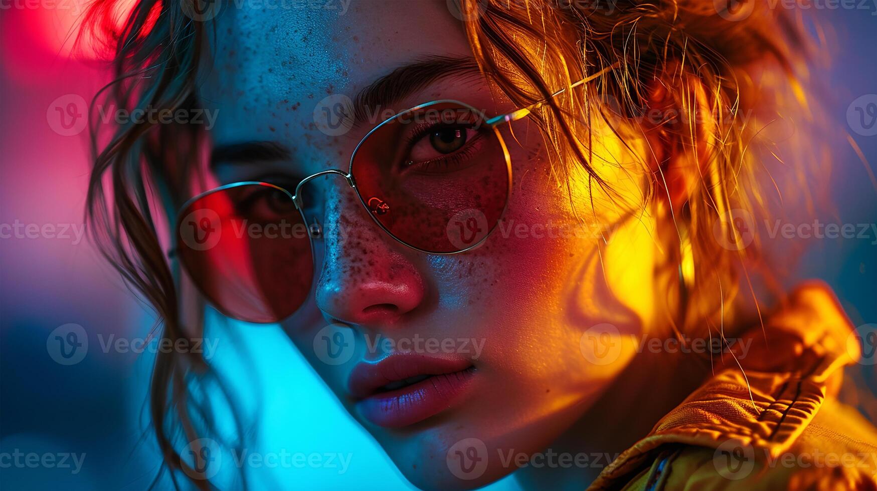 AI generated Stylish woman with reflective sunglasses captures the essence of neon city life at night. photo
