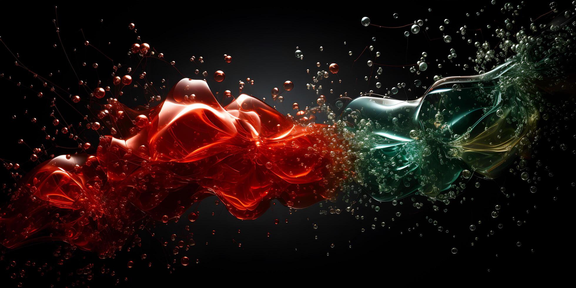 AI generated A dynamic interplay of red and green hues with bubbles in a fluid, abstract art form photo