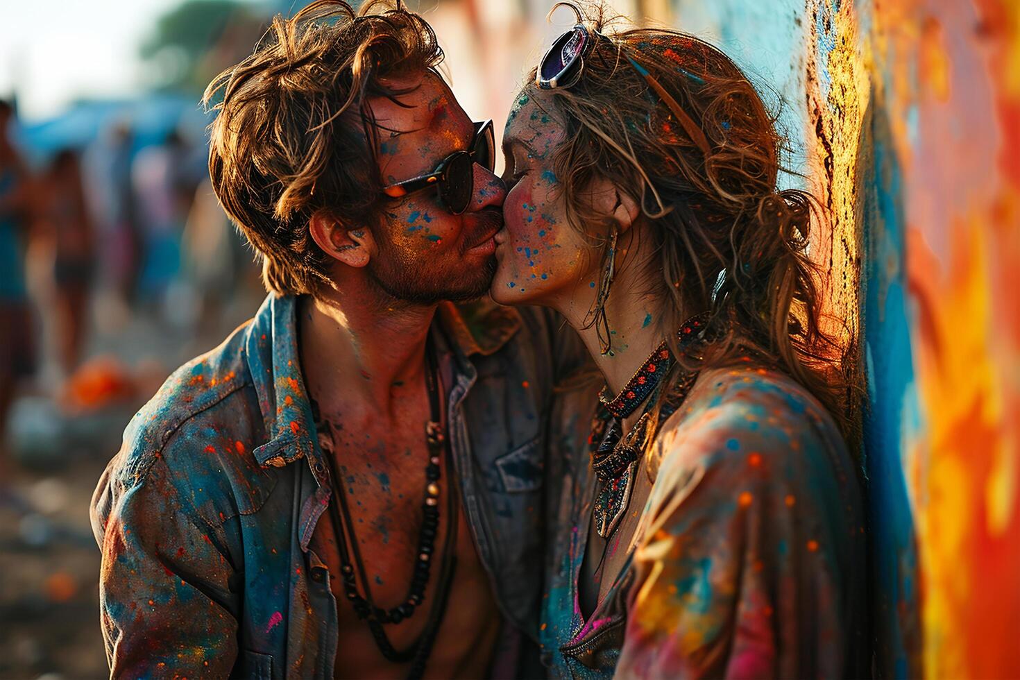 ai generado joven Pareja besos con caras cubierto en vibrante holi colores foto