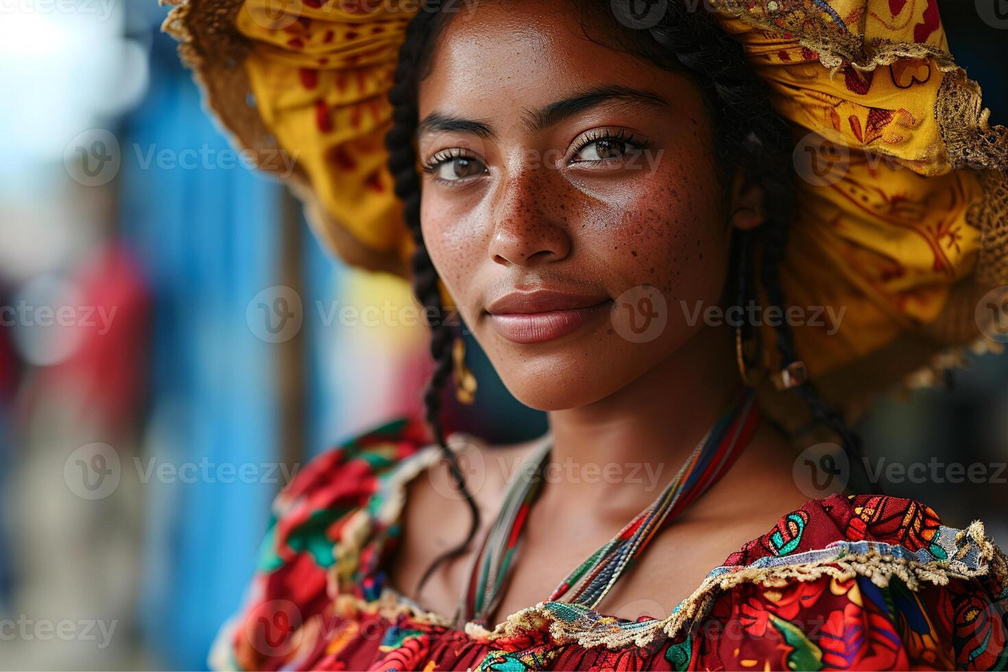 ai generado retrato de un joven afrocolombiano mujer con tradicional Pañuelo y vestido, mirando sereno foto