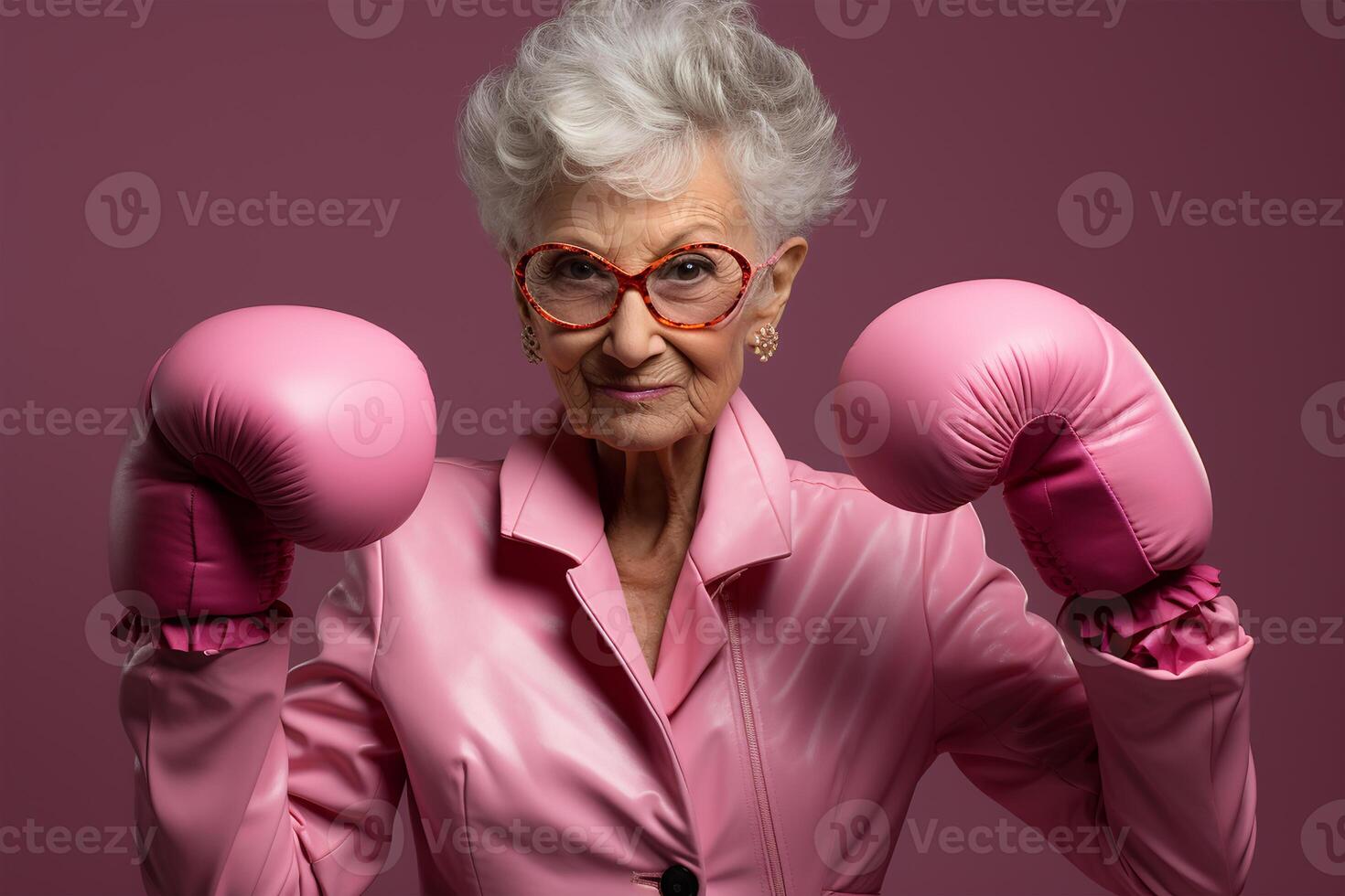 ai generado confidente mayor mujer posando con rosado boxeo guantes, demostración fuerza y determinación foto