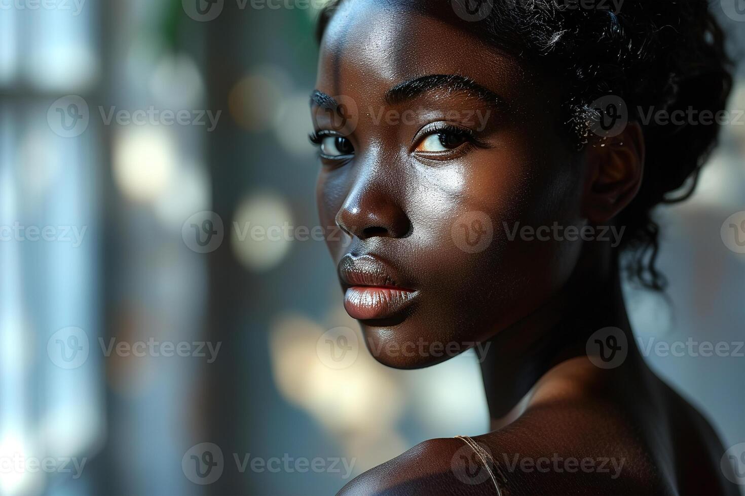 AI generated Close-up portrait of a woman with striking facial features, highlighted by natural light photo