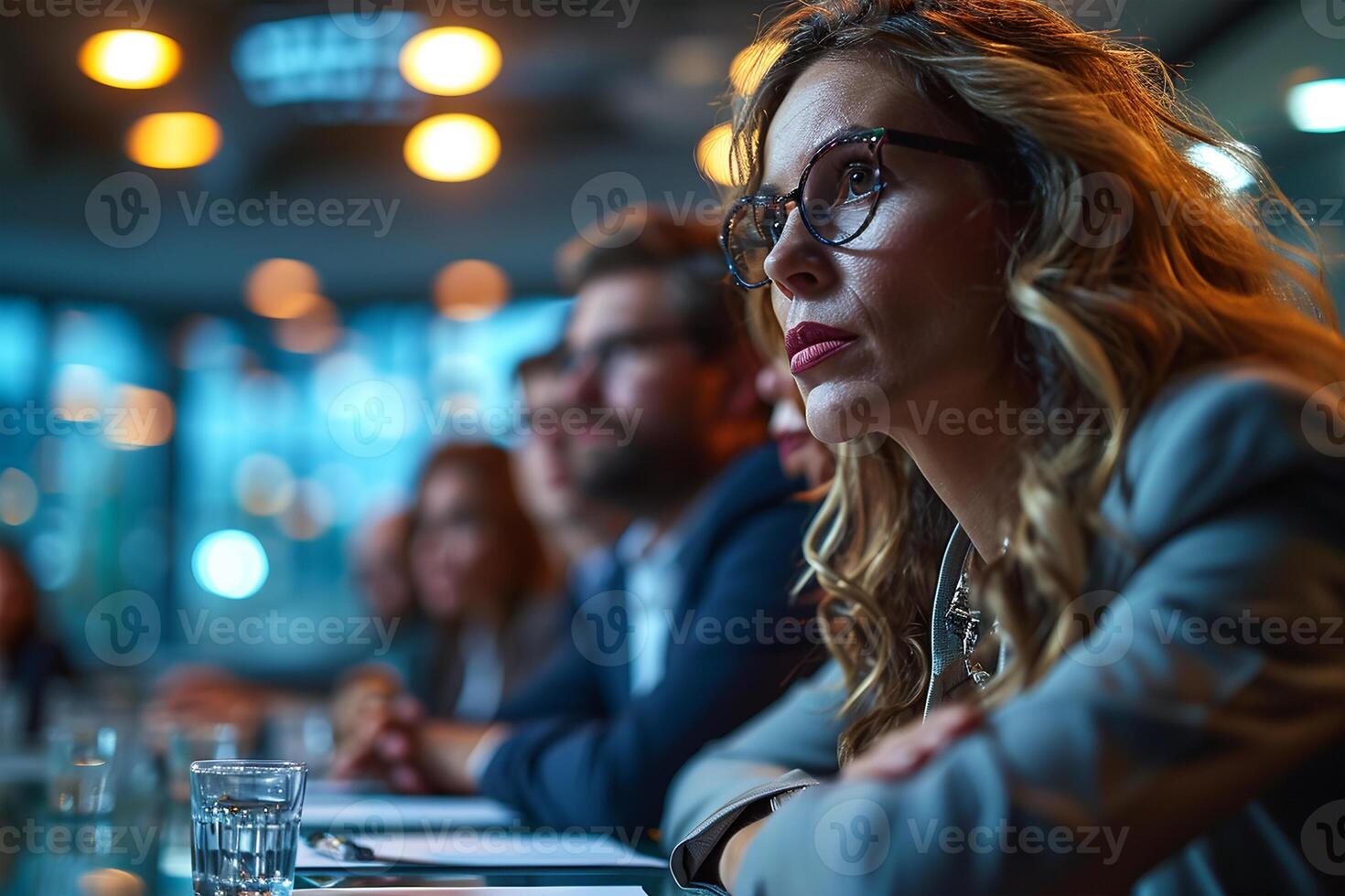 ai generado un profesional mujer con lentes atentamente escucha durante un grave negocio conferencia. foto