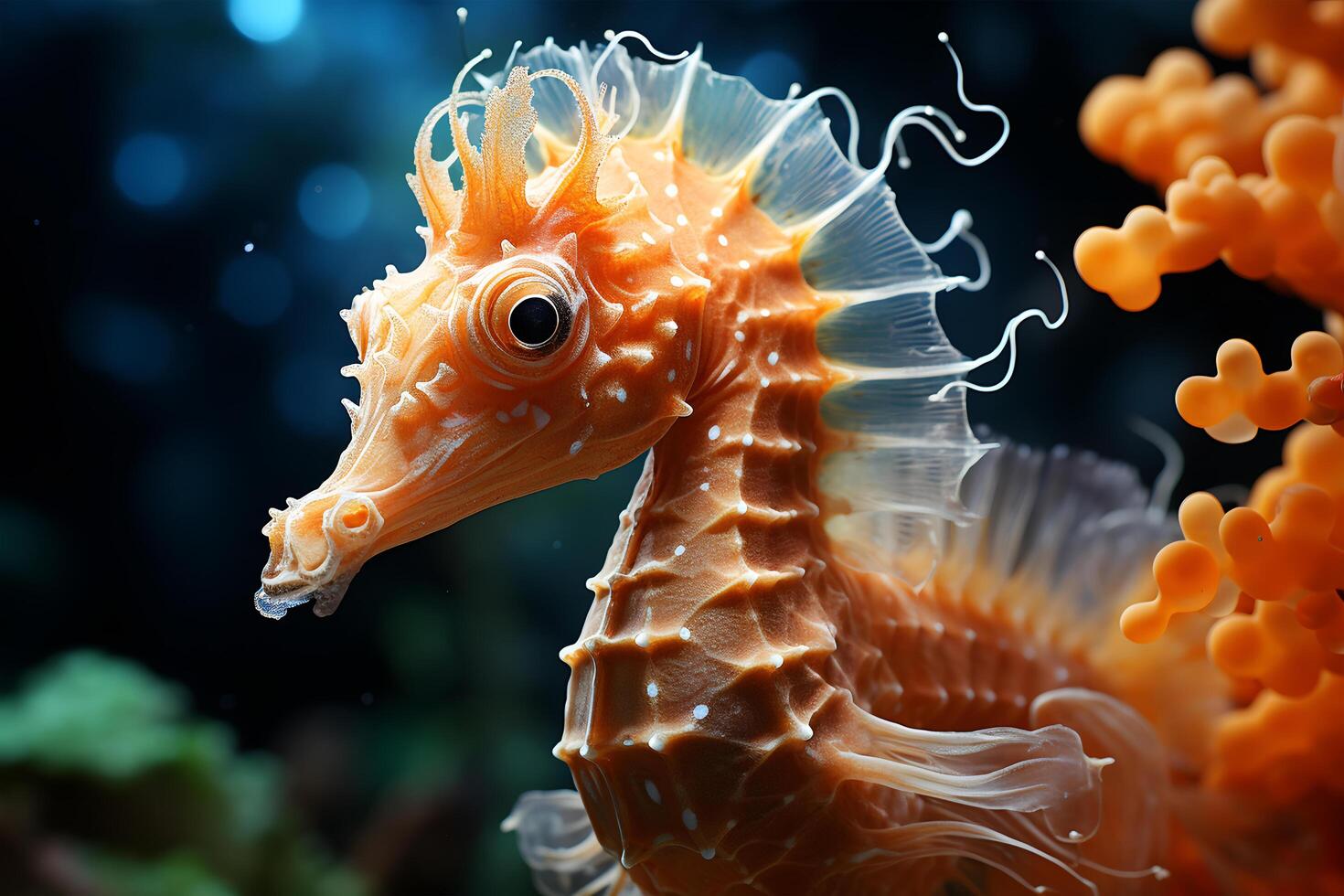 AI generated Detailed close-up of a seahorse in a coral reef, surrounded by ocean bubbles photo