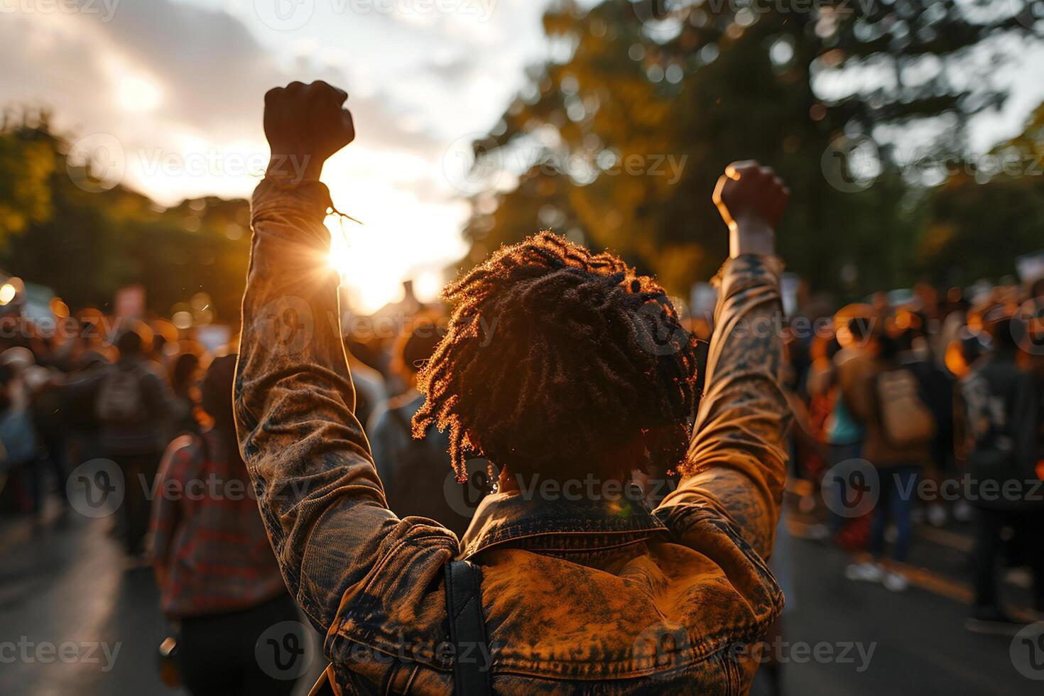 AI generated Backlit silhouette of a man with raised fist during a peaceful protest at sunset. photo
