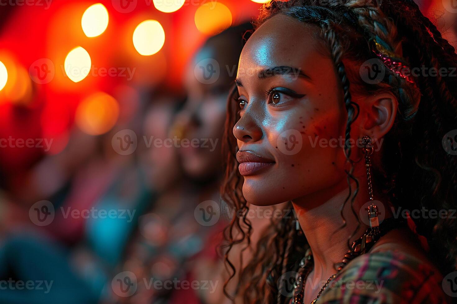 AI generated A vibrant portrait of a woman in a theater, her face illuminated by the cinematic glow of stage lights photo