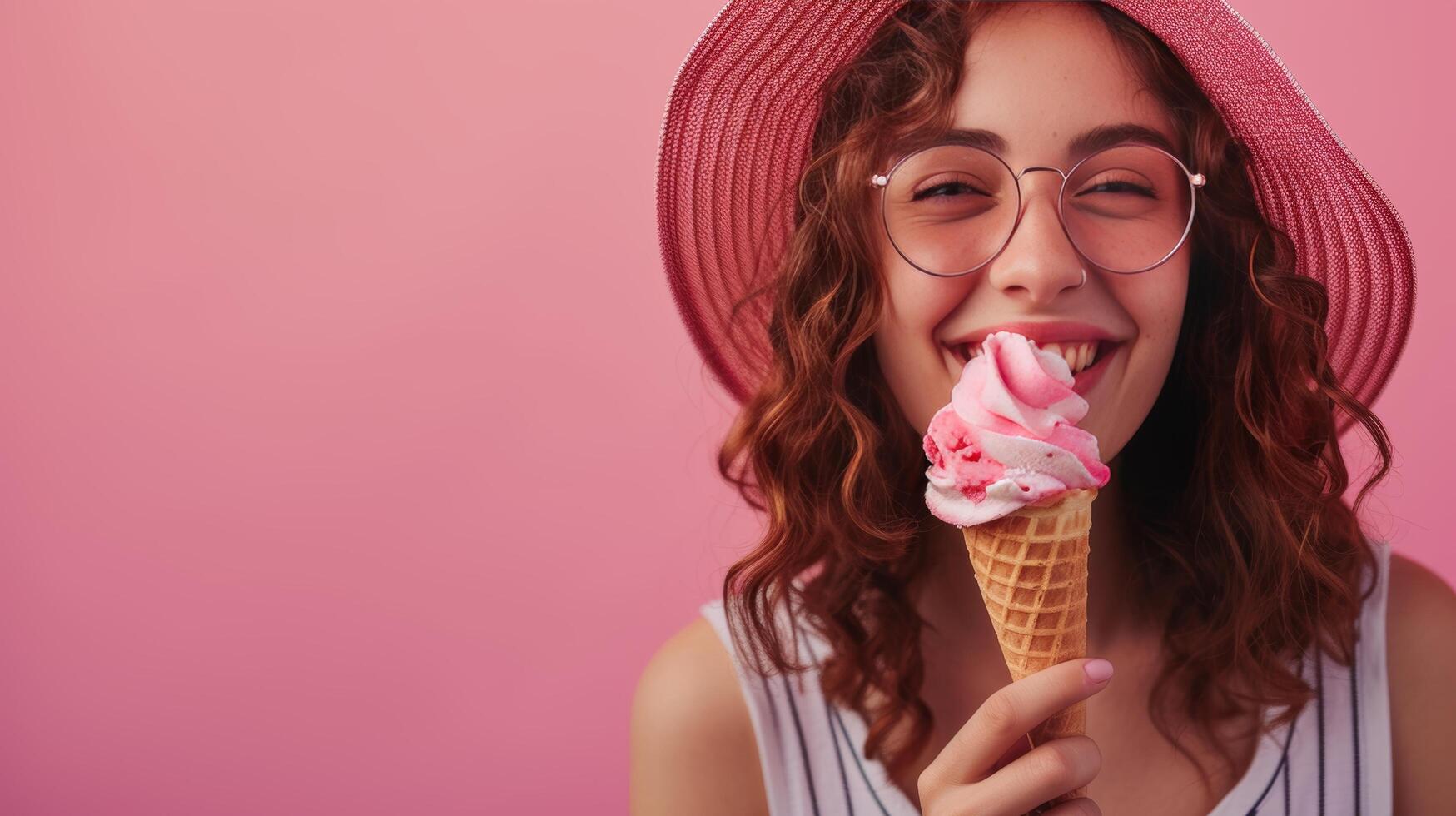 AI generated A young lady savoring an ice cream cone, her smile radiating pure joy into the camera lens photo