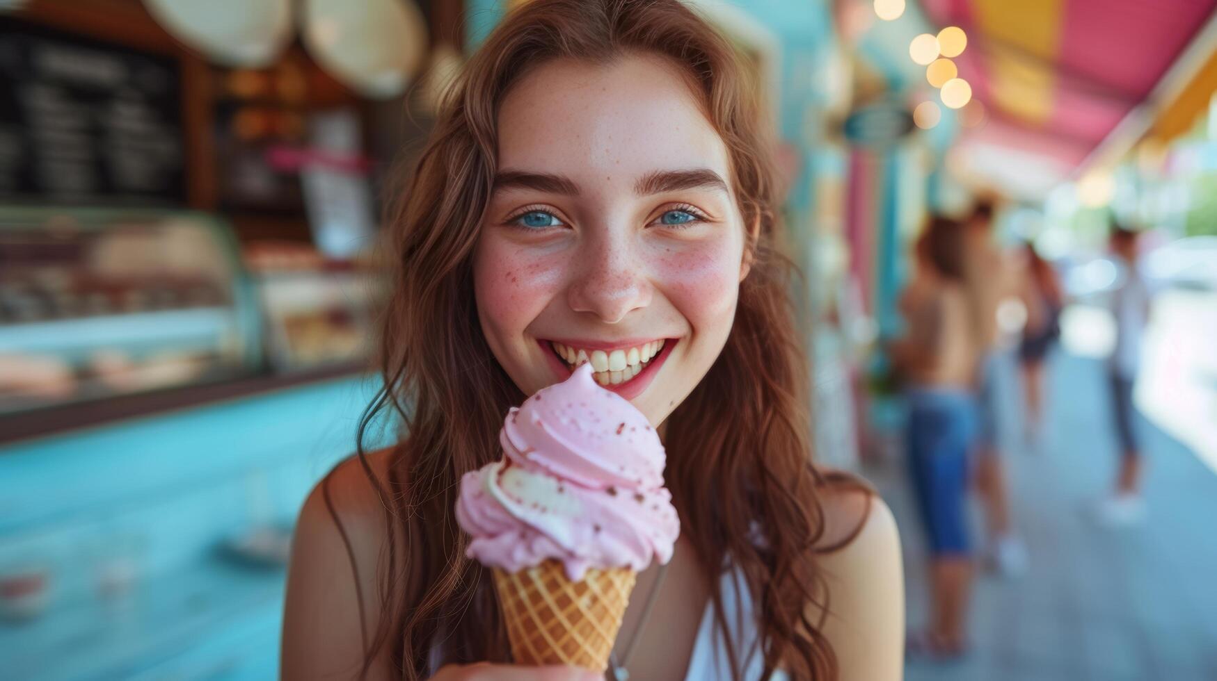 AI generated A young lady savoring an ice cream cone, her smile radiating pure joy into the camera lens photo