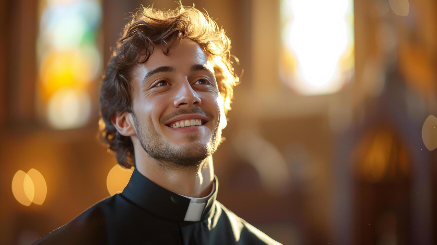 ai generado un joven sacerdote, radiante calor y compasión, sonriente dentro el santificado paredes de el Iglesia foto