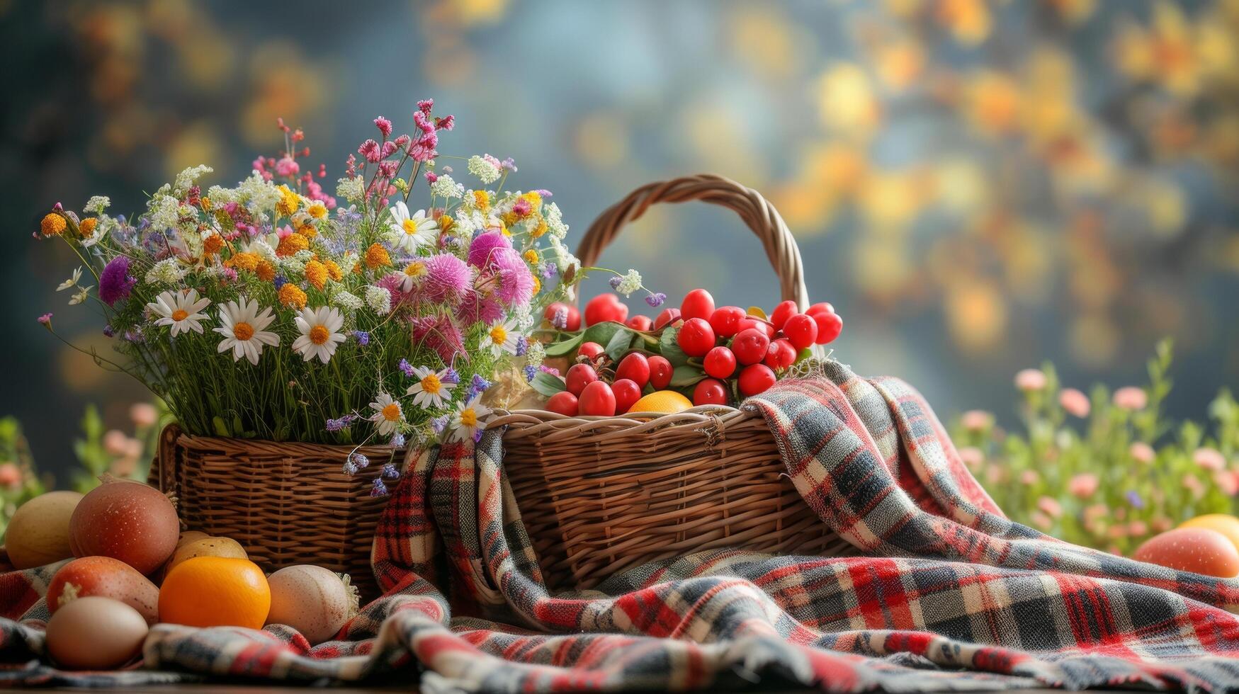 AI generated A plaid blanket, a basket of goodies, and blooming flowers for a festive picnic photo