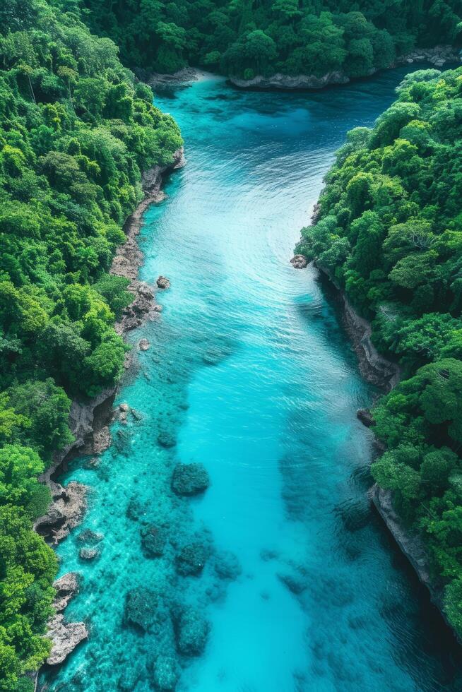 ai generado un mezcla de turquesa aguas y lozano verdor transportes usted a un tropical paraíso visto desde encima foto