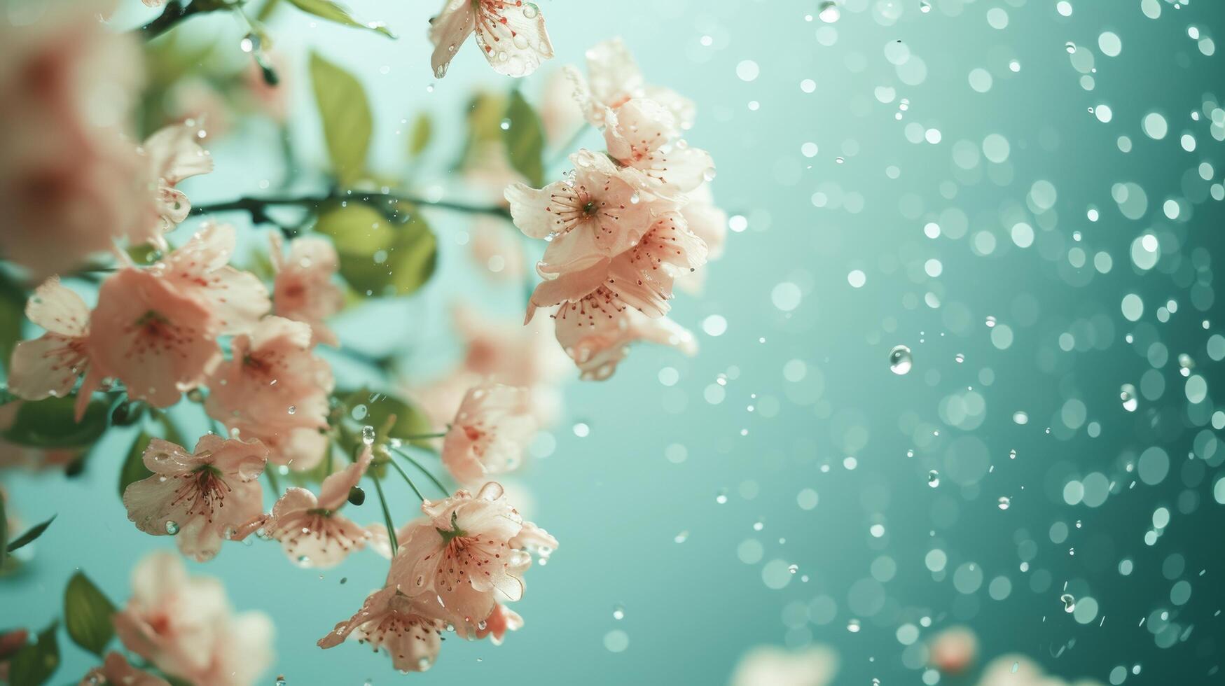 AI generated Pastel raindrops and flowers gently falling against a sky-blue backdrop photo