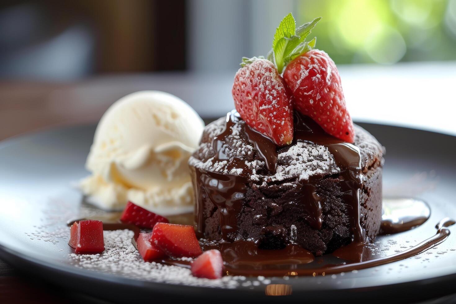 AI generated A decadent molten chocolate lava cake oozing with warm, gooey cocoa goodness, served with vanilla ice cream. photo