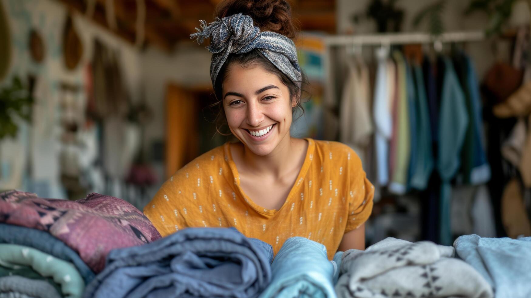 AI generated A content woman, folding laundry with precision, creating neat stacks of clothing photo