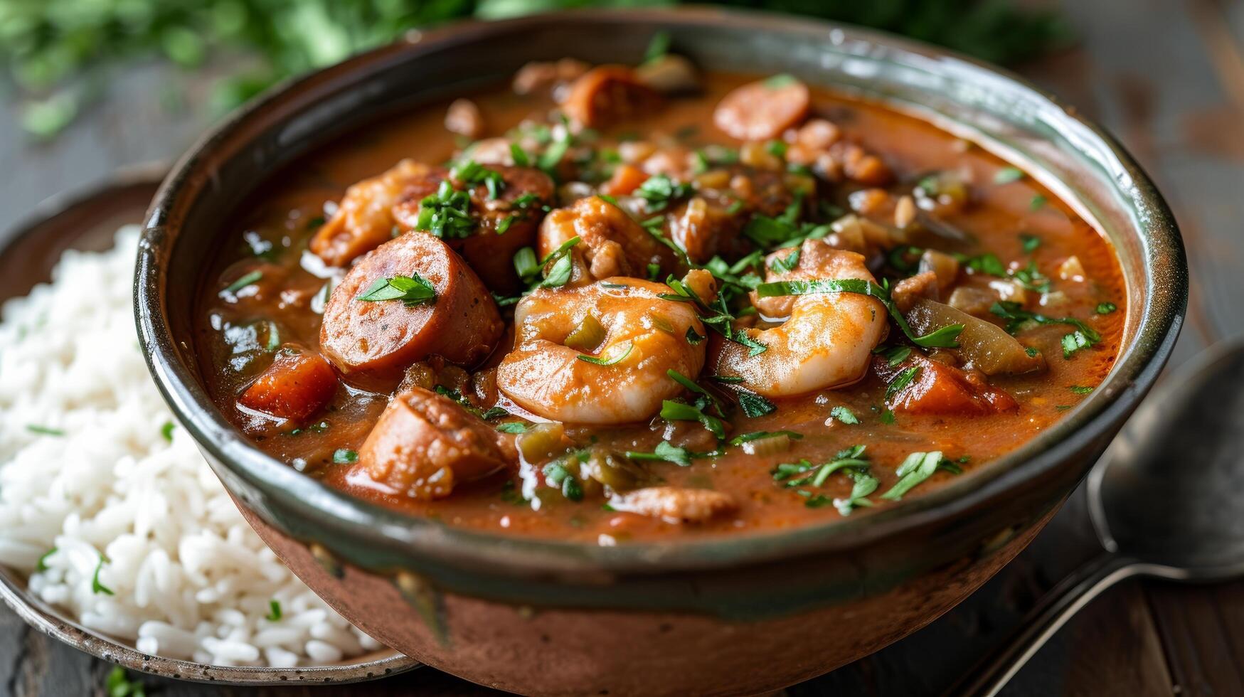 AI generated A rich and hearty gumbo, a Southern specialty, brimming with seafood, sausage, and okra, served over rice photo