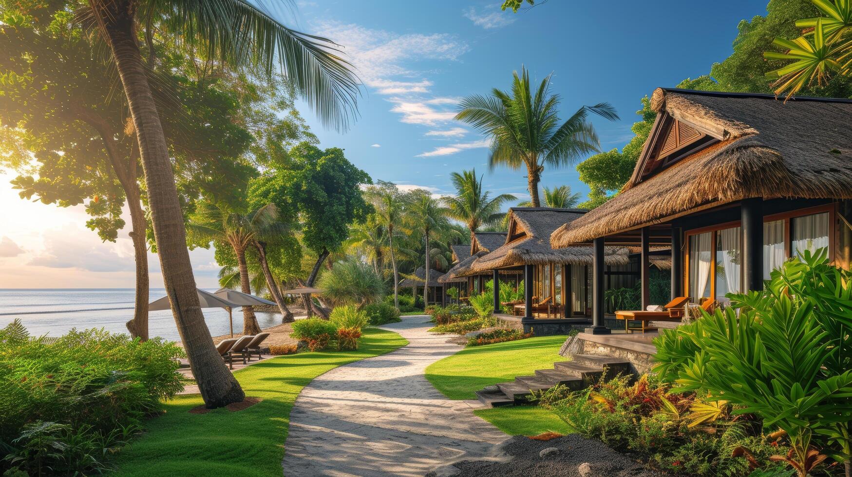 AI generated A luxurious beachfront resort, surrounded by tropical gardens, offering an oasis of serenity. photo