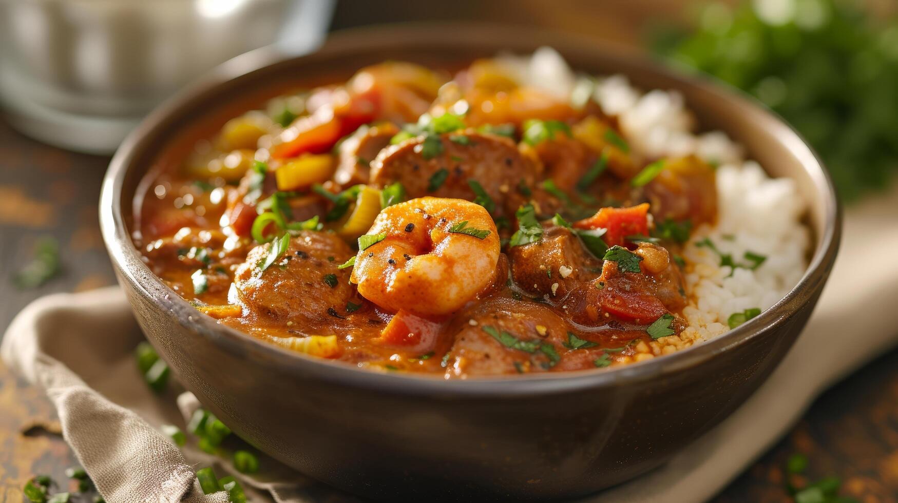 AI generated A rich and hearty gumbo, a Southern specialty, brimming with seafood, sausage, and okra, served over rice photo