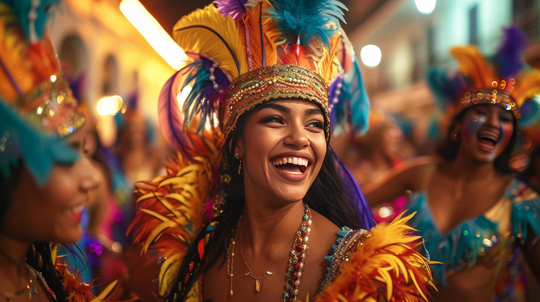 ai generado un grupo de amigos en vibrante disfraces, bailando alegremente en el medio de mardi gras festividades foto