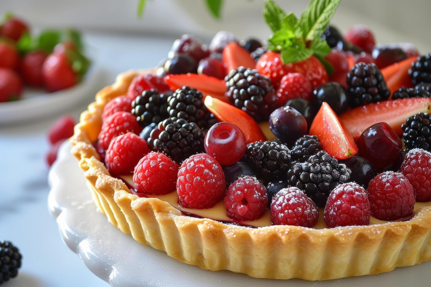 AI generated A vibrant fruit tart showcasing a medley of fresh berries atop a buttery, flaky pastry shell. photo