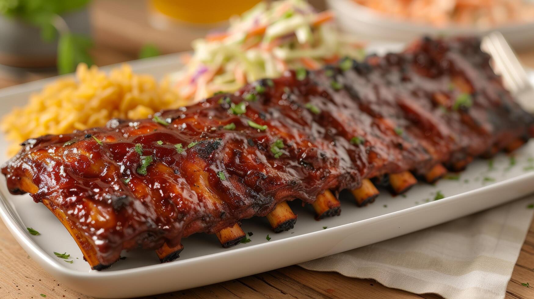 AI generated Succulent barbecue ribs, slathered in smoky sauce, fall-off-the-bone tender, served with coleslaw photo