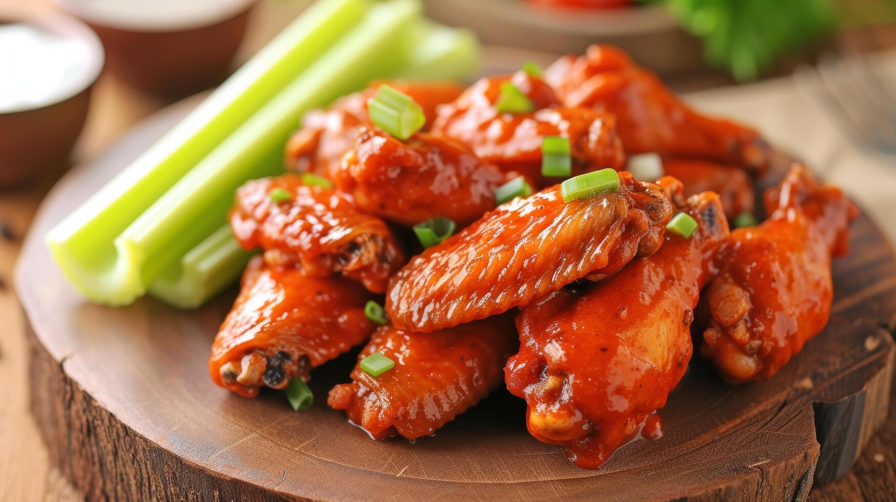 AI generated Spicy chicken wings, drenched in tangy buffalo sauce, served with celery sticks and blue cheese dip. photo