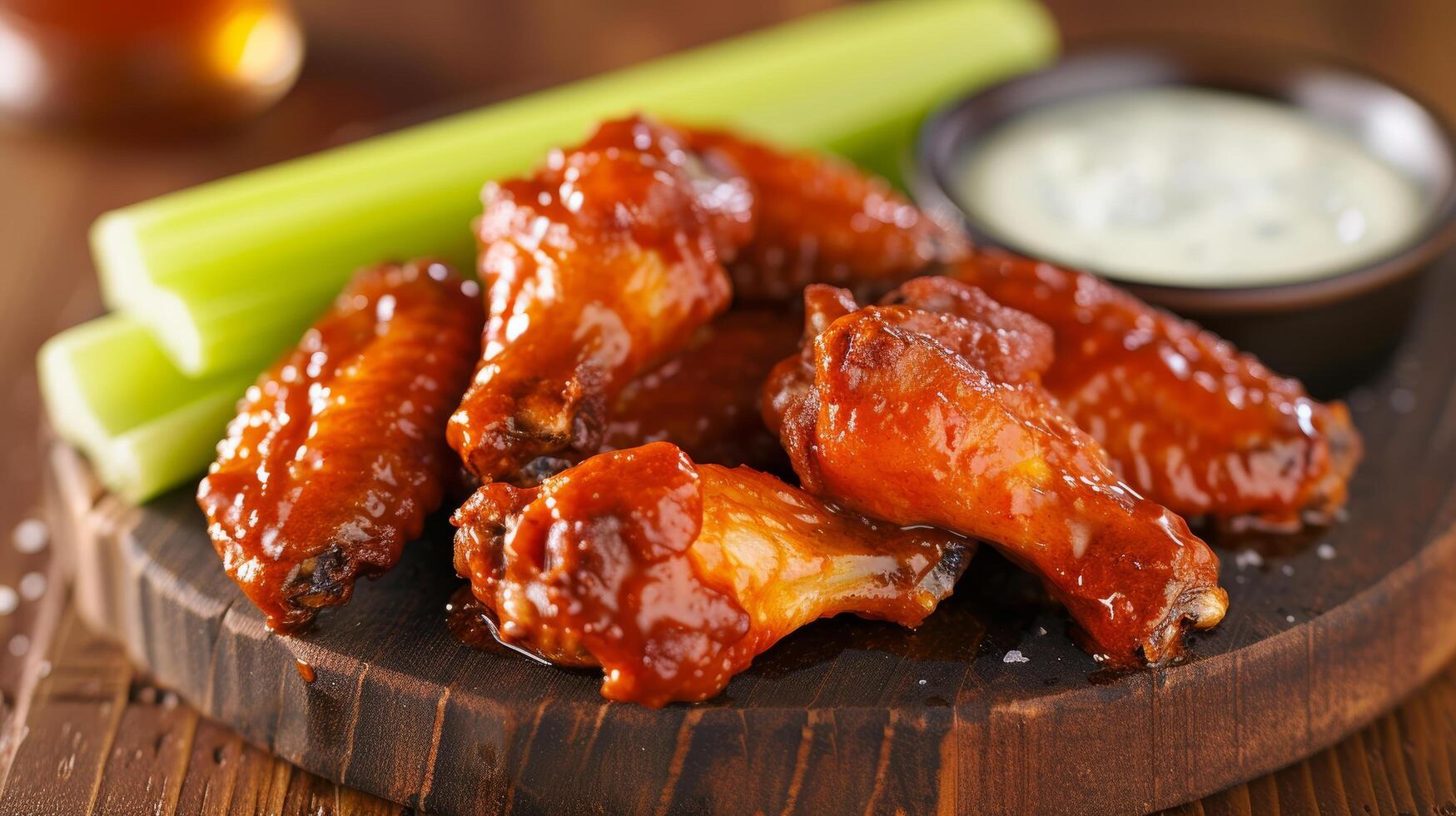 AI generated Spicy chicken wings, drenched in tangy buffalo sauce, served with celery sticks and blue cheese dip. photo