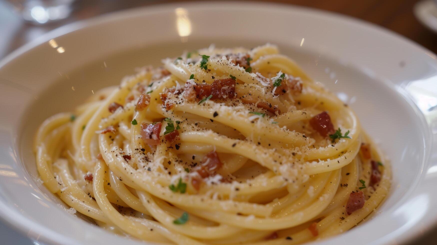 AI generated Al dente spaghetti coated in a luscious sauce of eggs, Pecorino Romano, pancetta, and black pepper photo