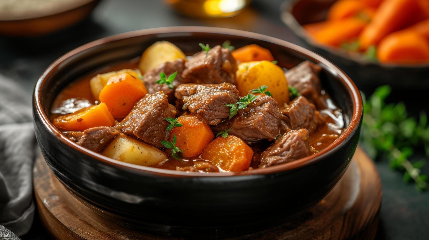 AI generated A hearty bowl of beef stew, with chunks of beef, potatoes, and carrots in a rich gravy photo