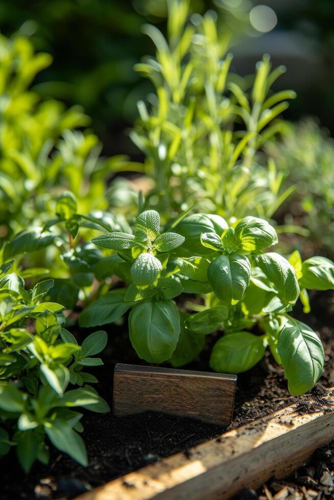 AI generated A herb garden, aromatic and diverse, flourishing with basil, mint, rosemary, and thyme photo