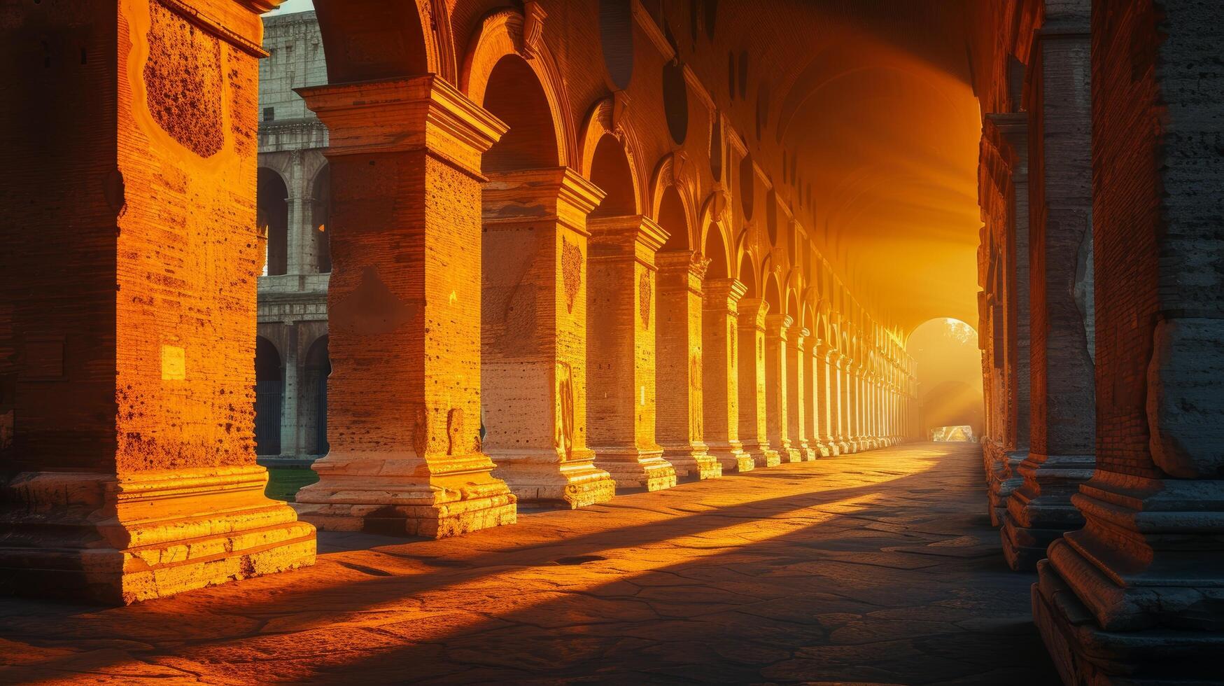 AI generated A maze of arches and columns, reminiscent of ancient Roman architecture, set in dramatic lighting. photo