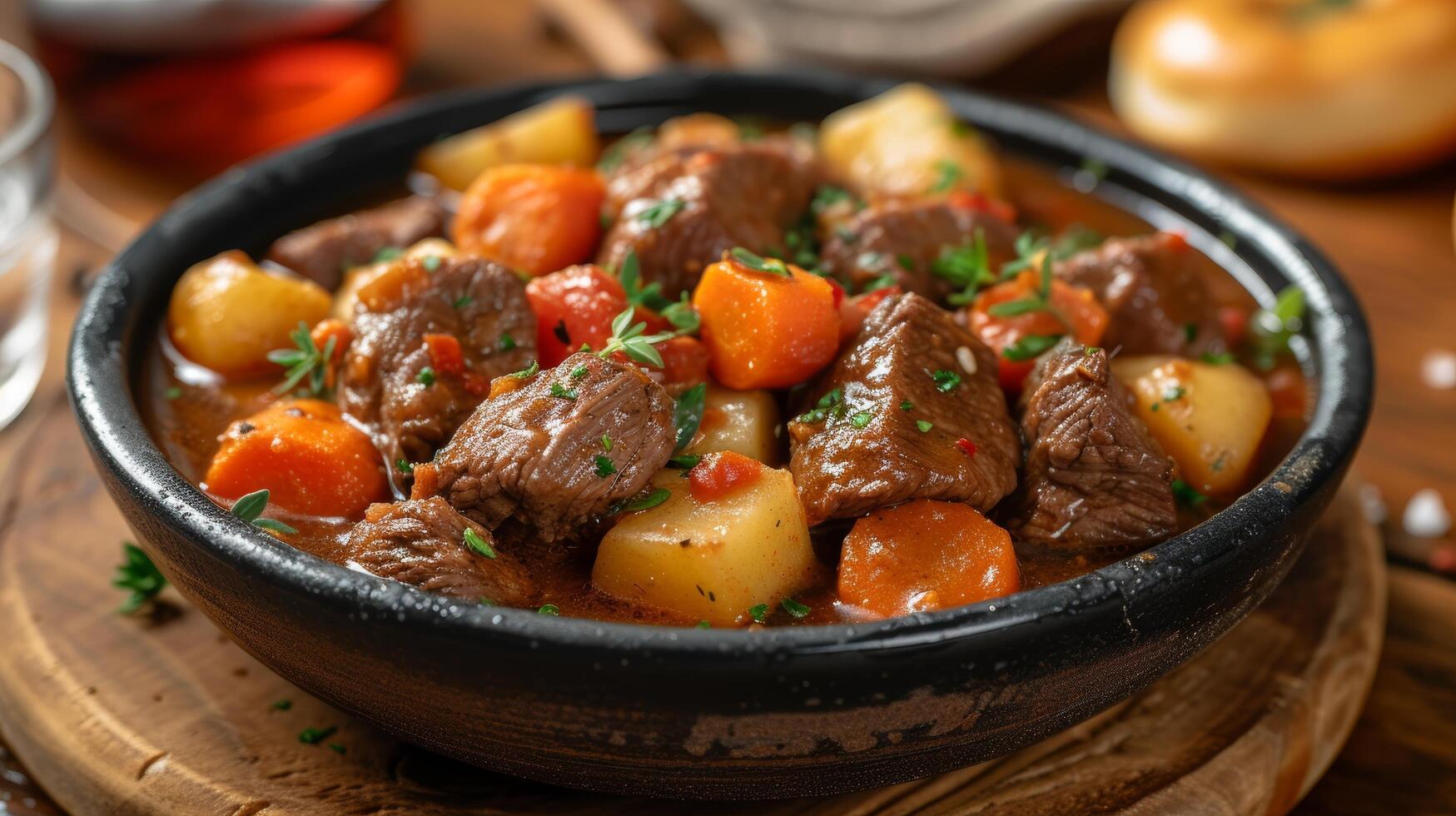 AI generated A hearty bowl of beef stew, with chunks of beef, potatoes, and carrots in a rich gravy photo