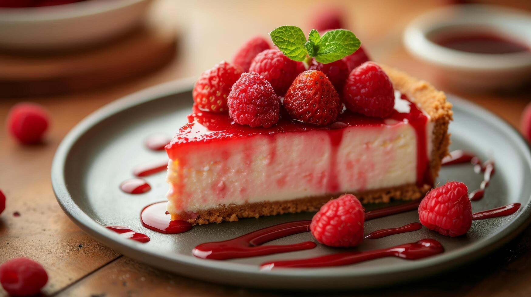 AI generated A luscious slice of strawberry cheesecake topped with fresh berries and a drizzle of sauce. photo