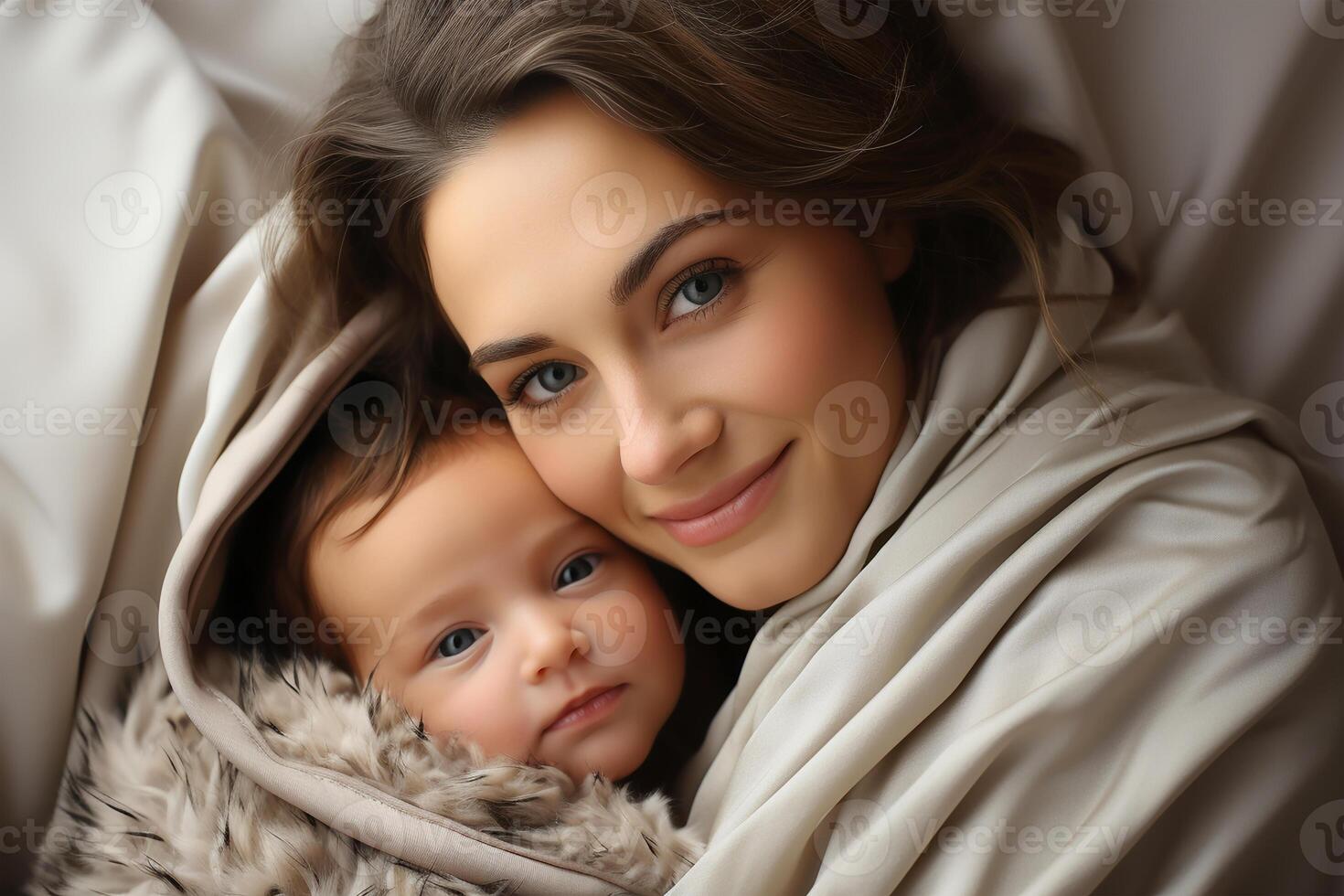 AI generated Mother envelops her baby in a plush wrap, sharing a moment of coziness and affection. mother's day concept. photo