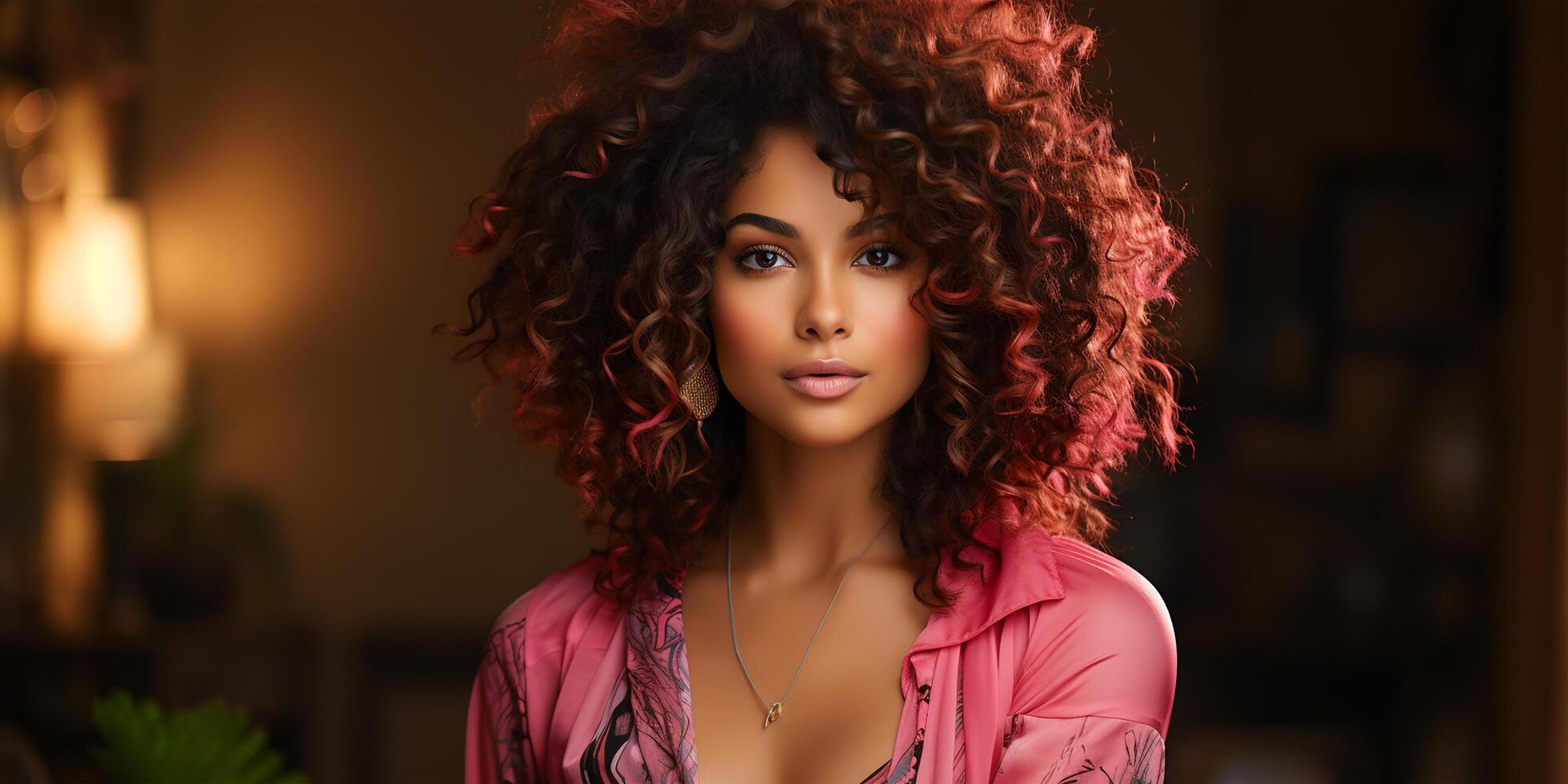 AI generated Stylish woman with curly hair and a chic pink jacket poses indoors photo