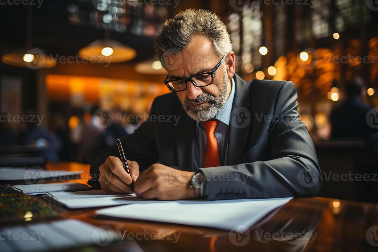 AI generated Elderly businessman concentrating on paperwork in a bustling cafe environment photo