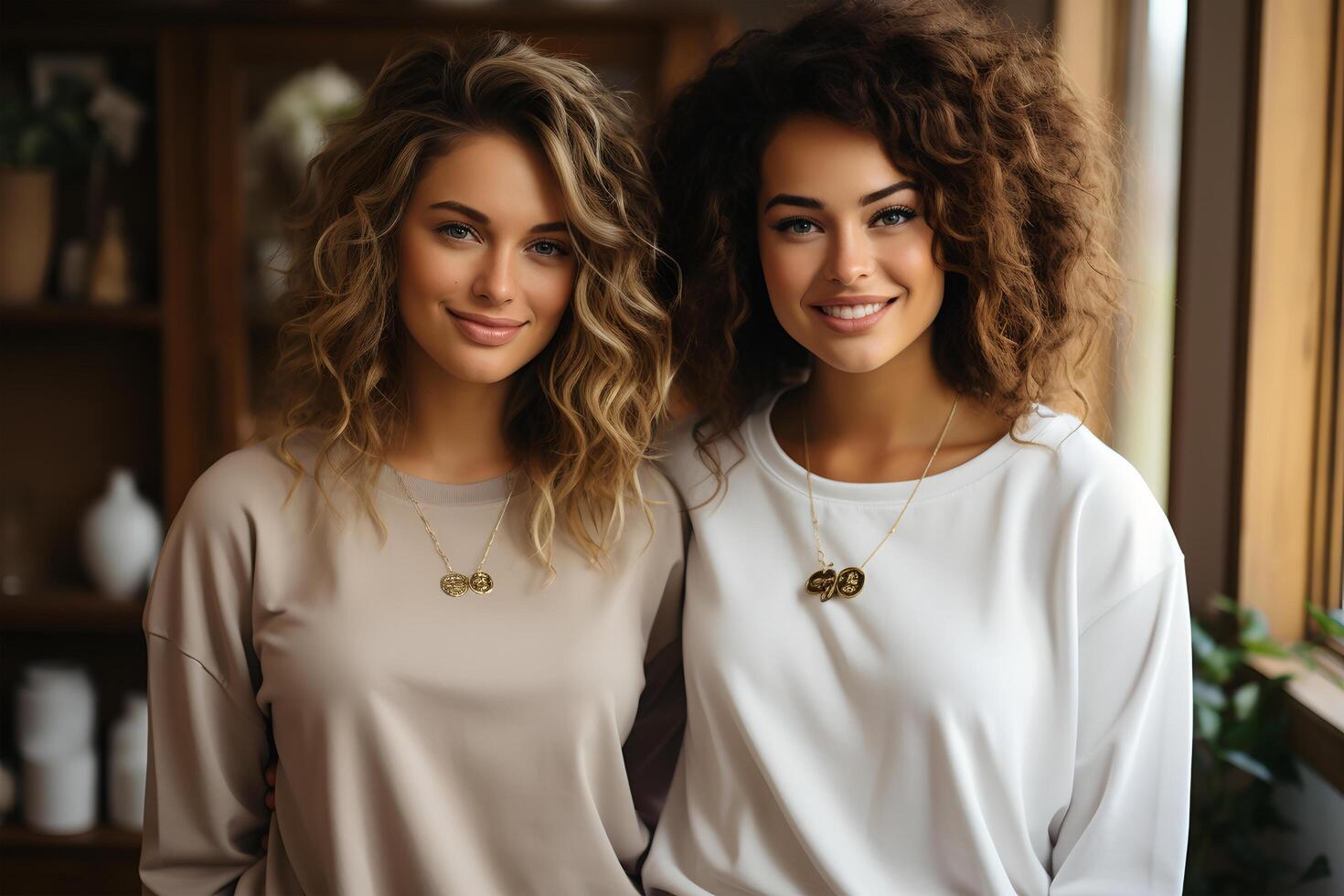 AI generated Portrait of two smiling multiracial women bonding with each other, photo