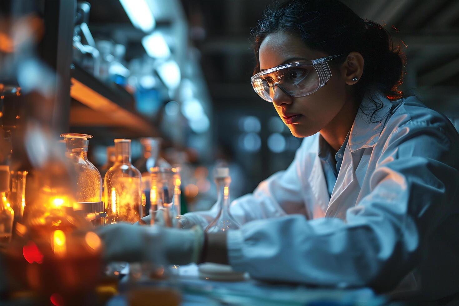 AI generated Concentrated female scientist conducting an experiment and analyzing chemical samples in a dark research laboratory photo