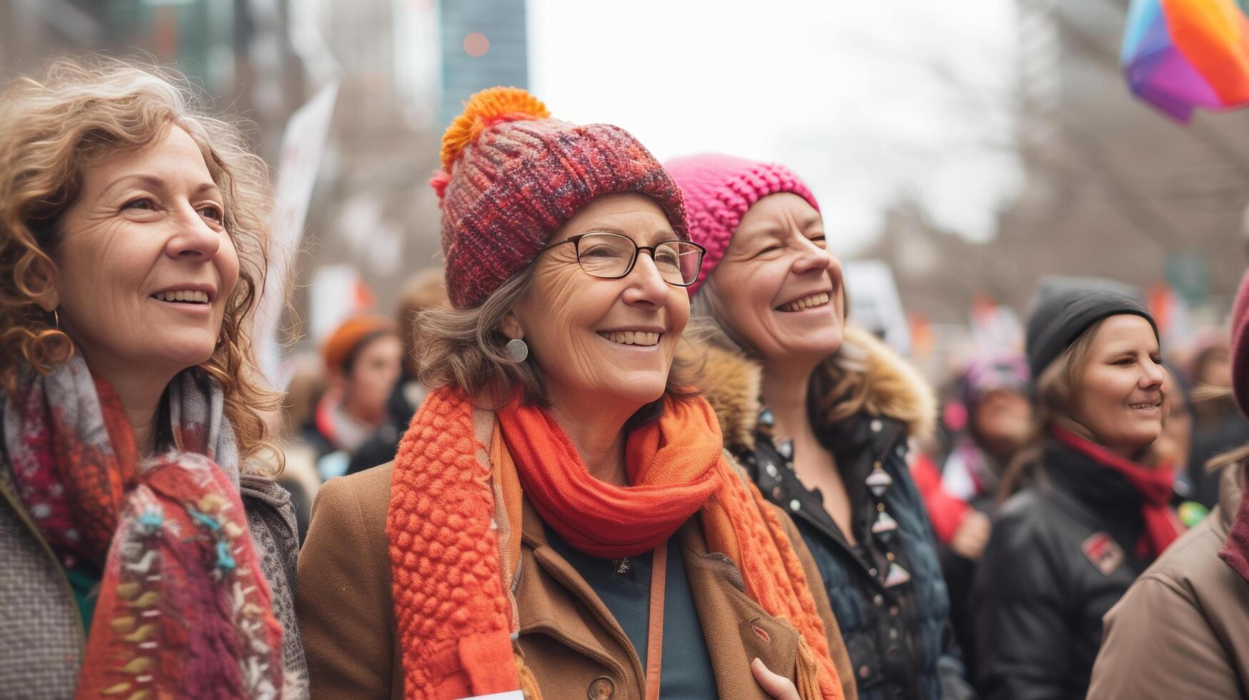 AI generated Women of all ages marching together, holding empowering signs, and advocating gender equality photo