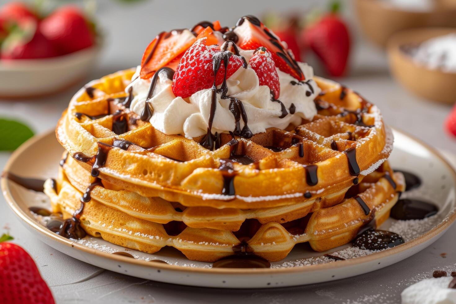 AI generated A stack of waffles topped with whipped cream, strawberries, and a drizzle of chocolate sauce. photo