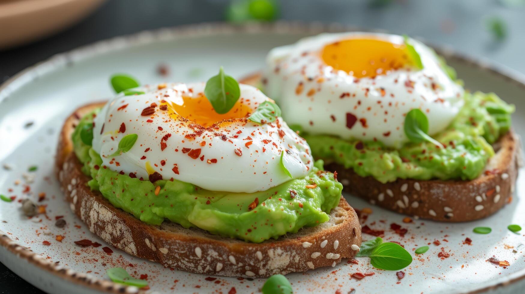 ai generado aguacate brindis con escalfado huevos, rociado con rojo pimienta copos foto