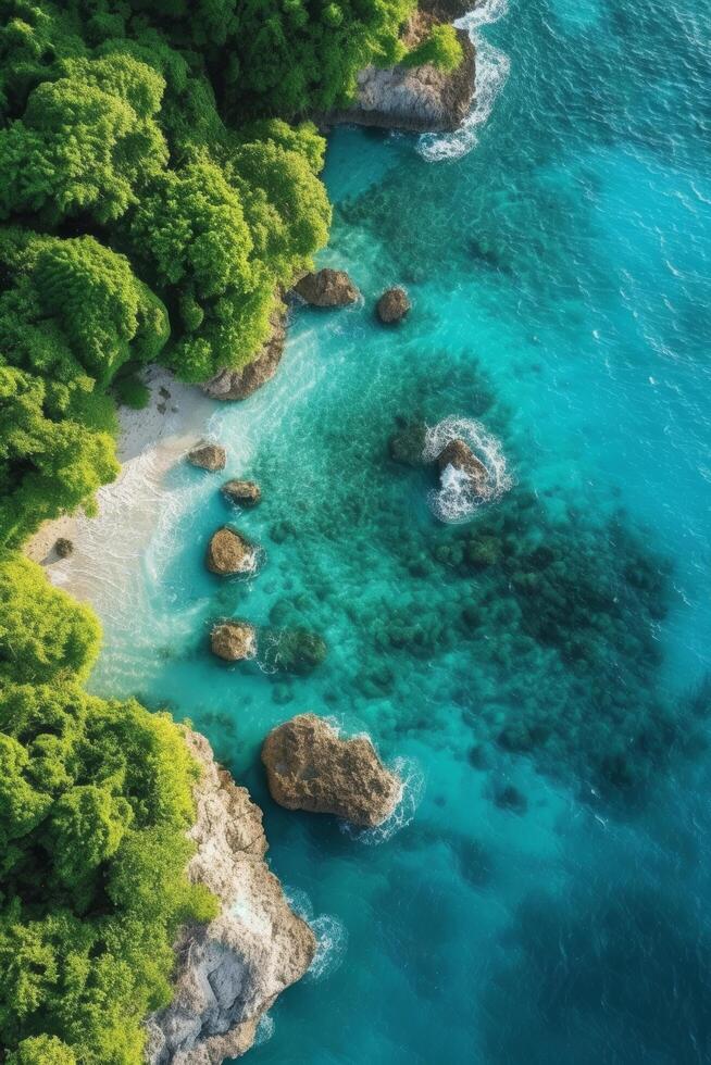 ai generado un mezcla de turquesa aguas y lozano verdor transportes usted a un tropical paraíso visto desde encima foto