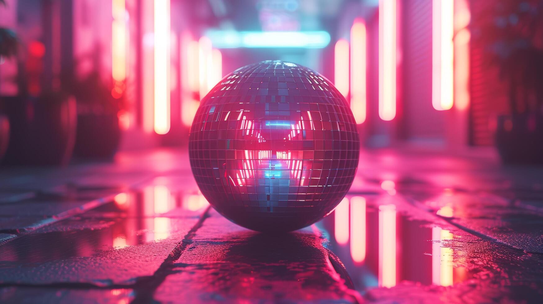 AI generated Glowing neon signs reflecting off a disco ball, evoking memories of '80s dance floors photo