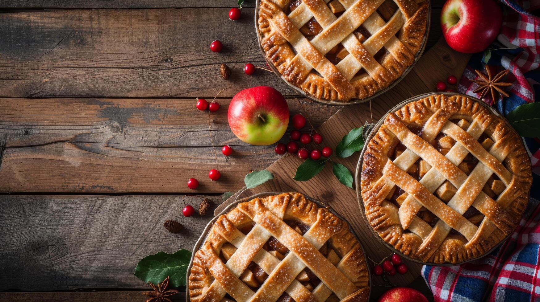 AI generated A rustic picnic table adorned with apple pies. photo