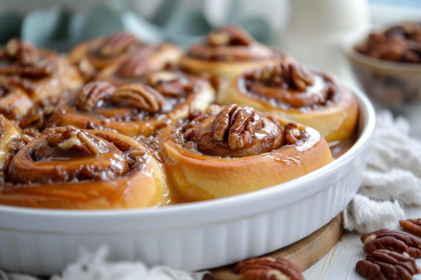 AI generated Homemade cinnamon rolls, oozing with sticky caramel and crowned with pecans. photo